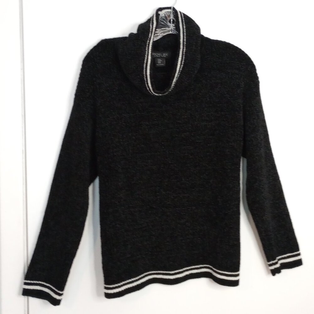 Rachel Zoe Black with White Trim Chenille Turtleneck Cowl Sweater - Picture 2 of 8